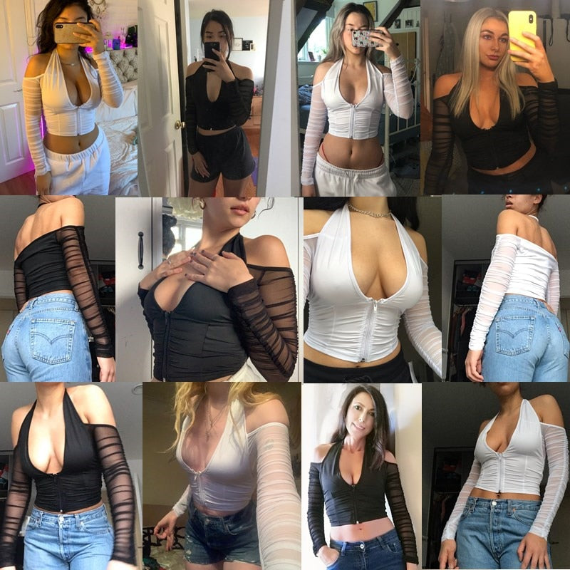 Mesh Shirt Women Tshirt Top Autumn Halter V-neck Off the Shoulder T-shirts Streetwear Top