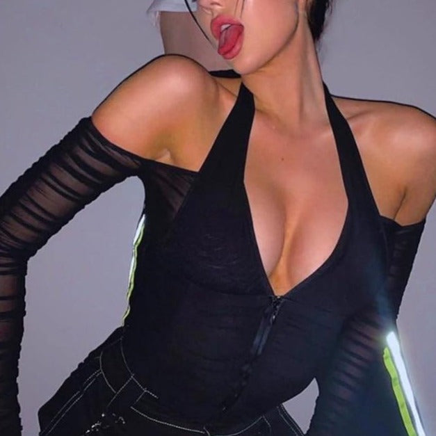 Mesh Shirt Women Tshirt Top Autumn Halter V-neck Off the Shoulder T-shirts Streetwear Top