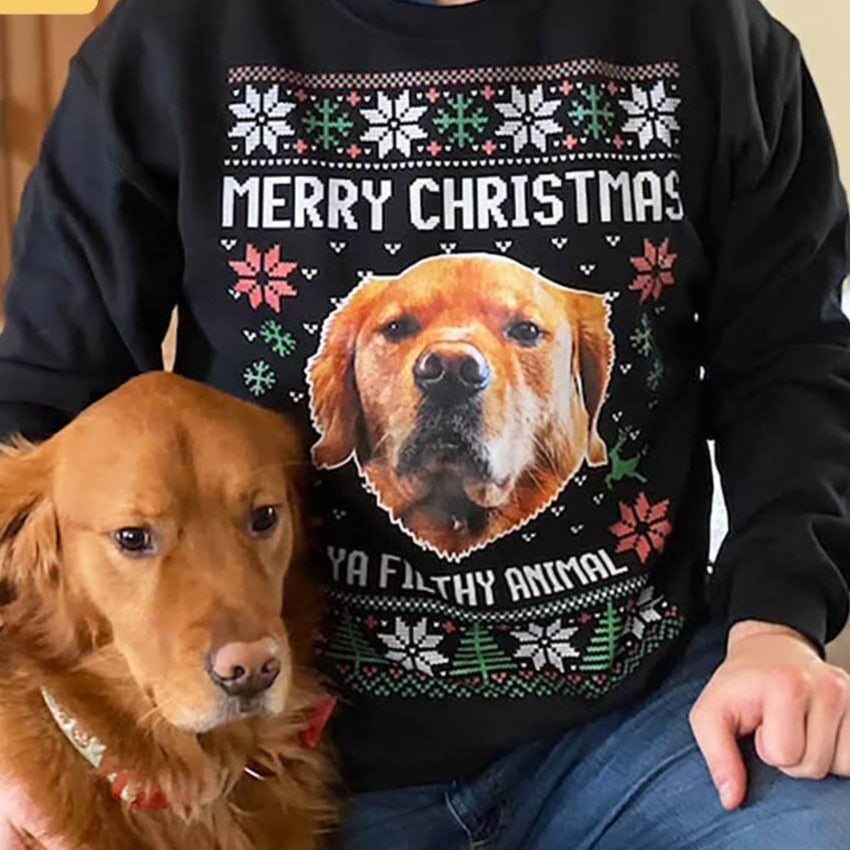Custom Photo Ugly Christmas Ya Filthy Animal Dog Cat Sweatshirt, Dog Lover Sweater Christmas C1604