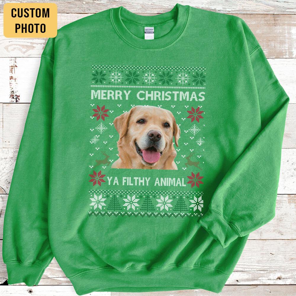 Custom Photo Ugly Christmas Ya Filthy Animal Dog Cat Sweatshirt, Dog Lover Sweater Christmas C1604